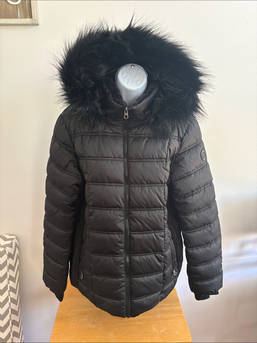 Nautica Black Quilted Puffer Jacket with Removable Faux Fur Hood Size XL